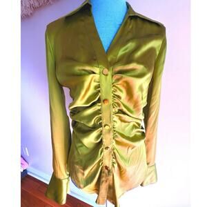 Cache Silk Ruched Button Down Blouse Olive Green Satin Long Sleeve Top S